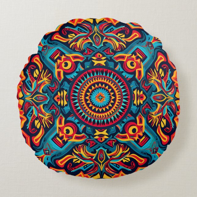 Vibrant Abstract Ethnic Huichol Tribal Pattern Round Pillow (Front)