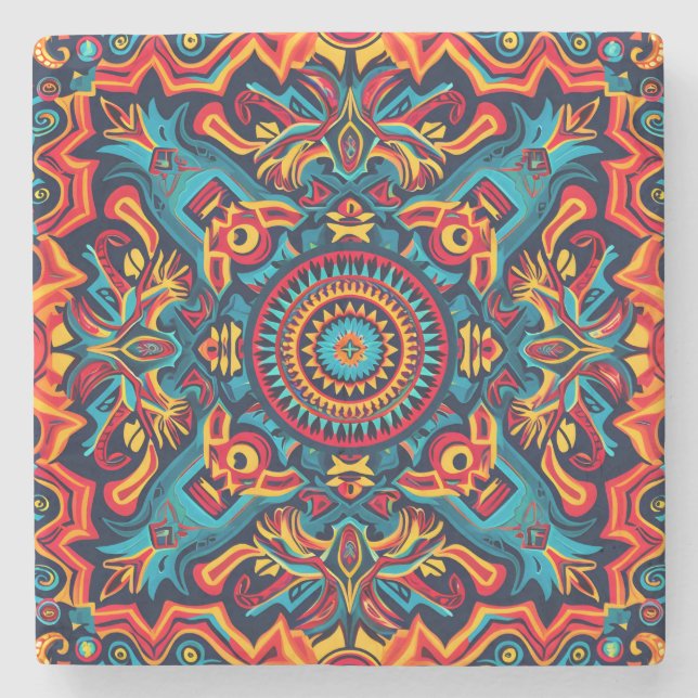 Vibrant Abstract Ethnic Huichol Tribal Pattern Stone Coaster (Front)