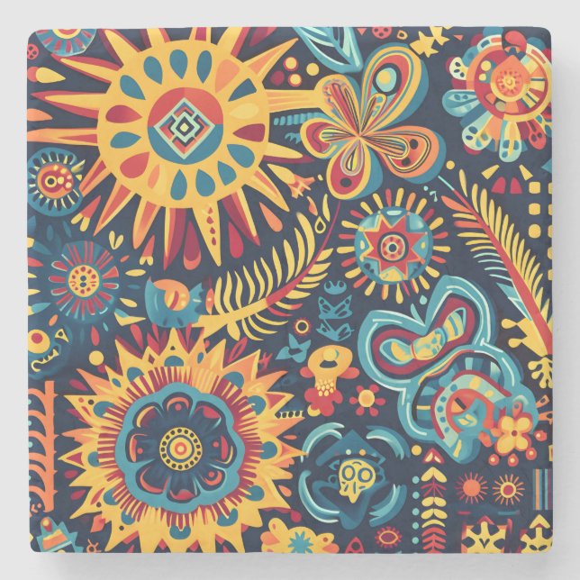 Vibrant Abstract Ethnic Huichol Tribal Pattern Stone Coaster (Front)