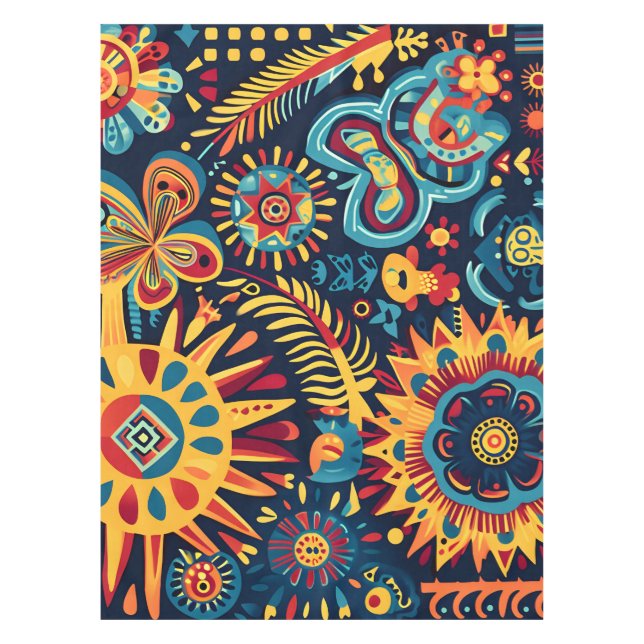 Vibrant Abstract Ethnic Huichol Tribal Pattern Tablecloth (Front)