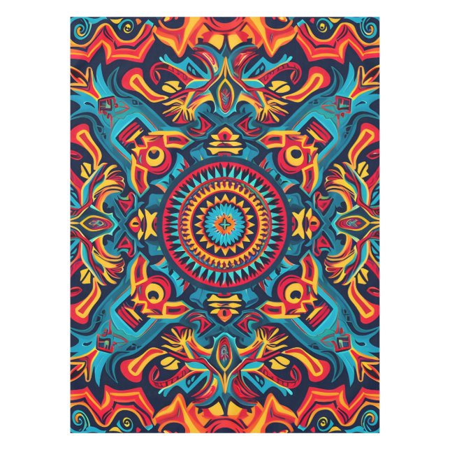 Vibrant Abstract Ethnic Huichol Tribal Pattern Tablecloth (Front)