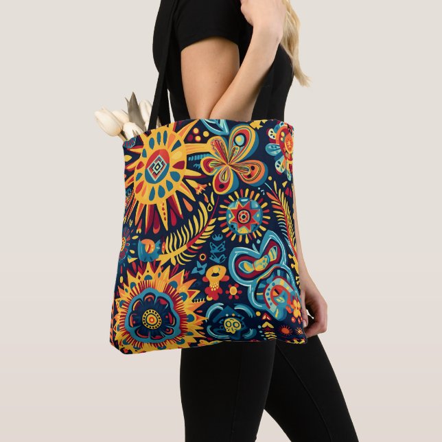 Vibrant Abstract Ethnic Huichol Tribal Pattern Tote Bag (Close Up)