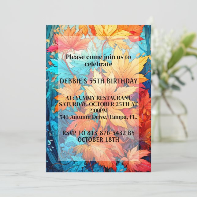 Vibrant Abstract Fall Leaves Design Birthday Party Invitation (Standing Front)