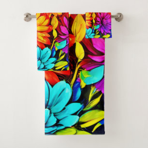 Vibrant Abstract Floral Art in Multicolor Bath Towel Set