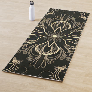 Vibrant Abstract Floral Black And Gold Yoga Mat