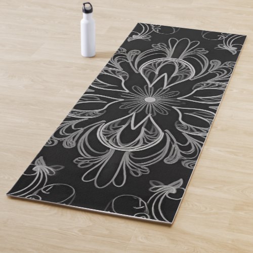 Vibrant Abstract Floral Black And Gray Yoga Mat
