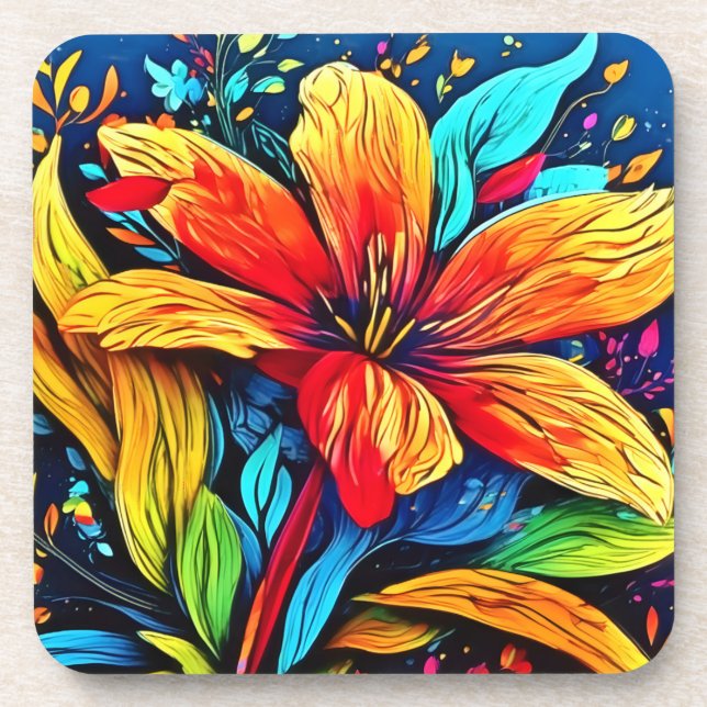 Vibrant Abstract Floral Burst Beverage Coaster (Front)