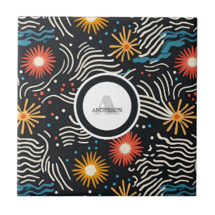 Vibrant Abstract Floral Waves on Black Ceramic Tile