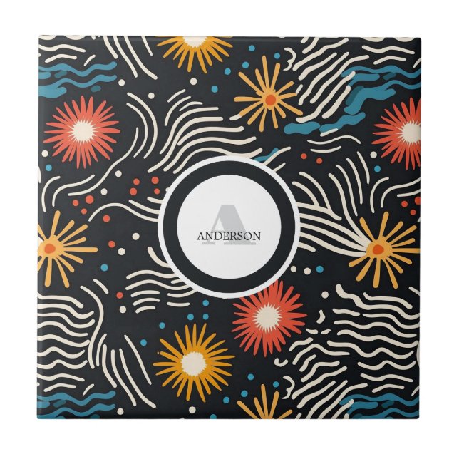 Vibrant Abstract Floral Waves on Black Ceramic Tile (Front)