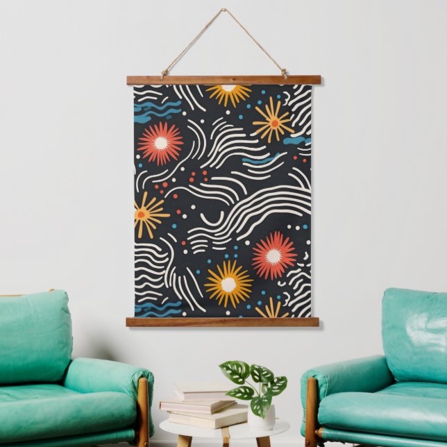 Vibrant Abstract Floral Waves on Black Hanging Tapestry (Living Room)