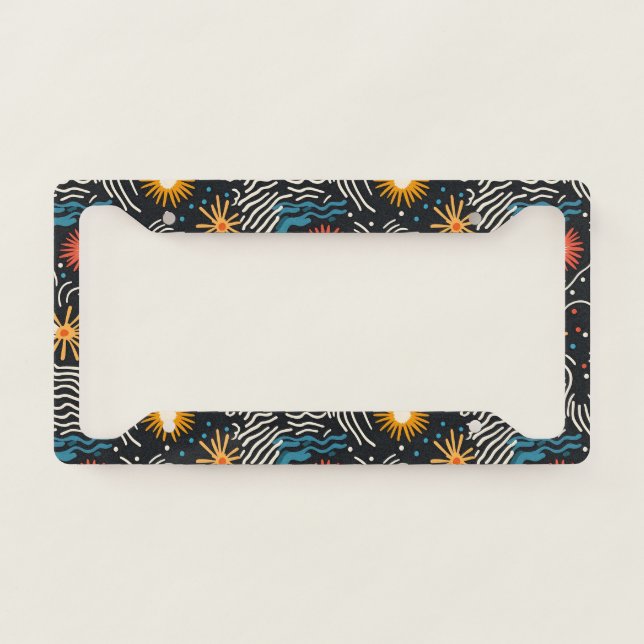 Vibrant Abstract Floral Waves on Black License Plate Frame (Front)