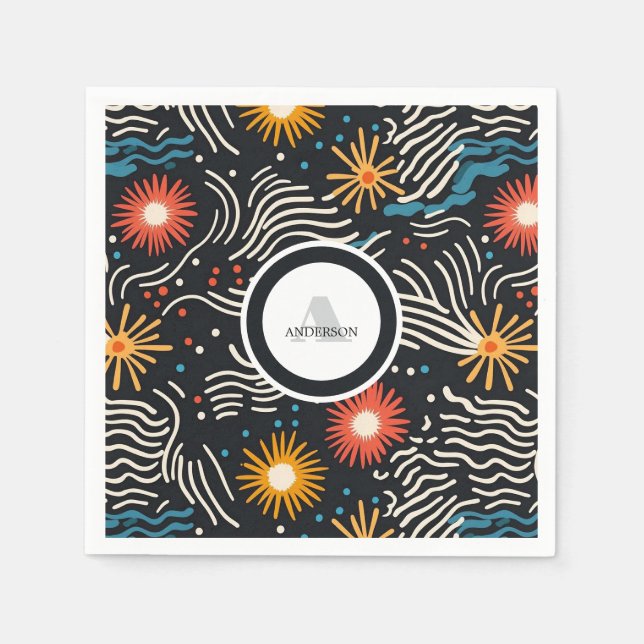 Vibrant Abstract Floral Waves on Black Napkins (Front)