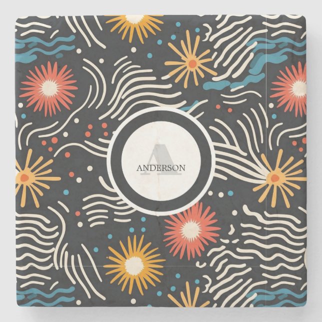Vibrant Abstract Floral Waves on Black Stone Coaster (Front)