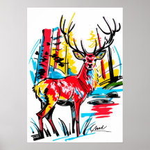 Vibrant Abstract Forest Deer Contemporary Fine Art