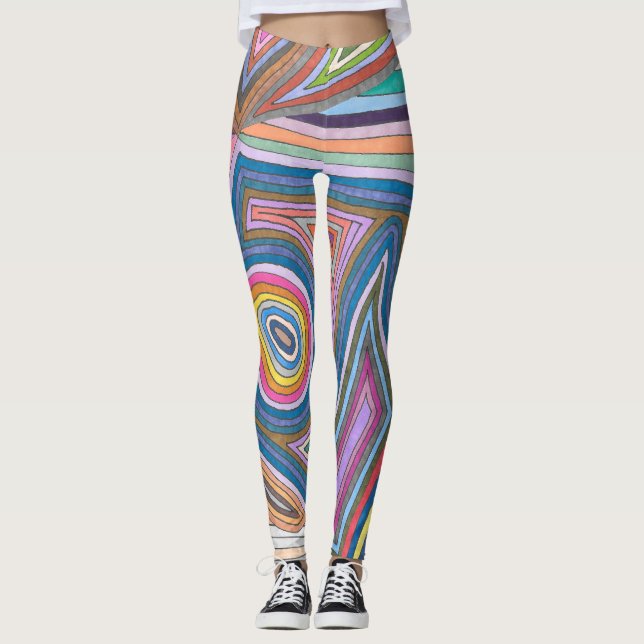 Vibrant Abstract Geometric Striped Pattern Leggings (Front)