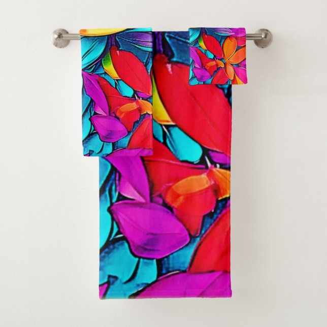 Vibrant Abstract Leaf Art Bath Towel Set (Insitu)