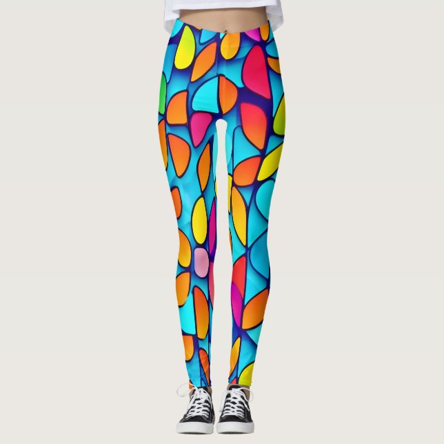 Vibrant Abstract Leaf Burst Leggings (Front)