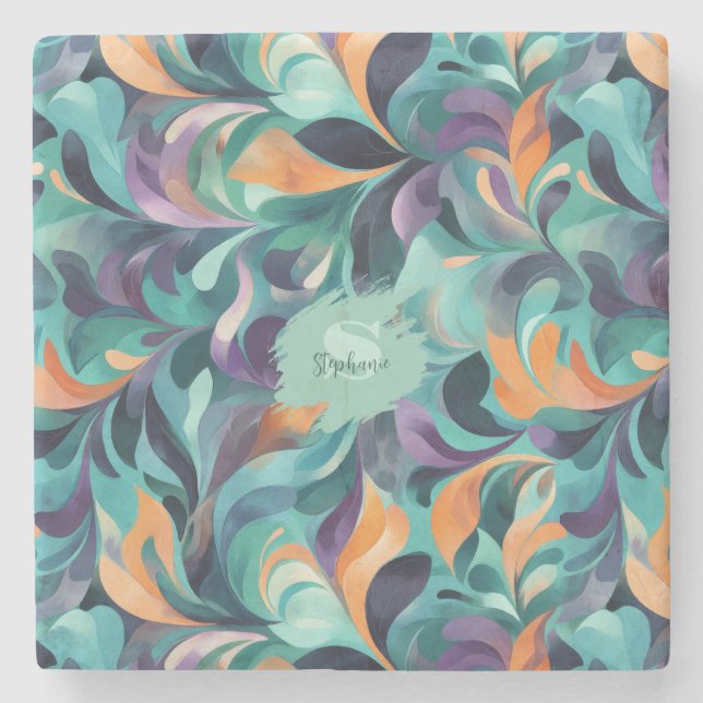Vibrant Abstract Paisley-Inspired Pattern Stone Coaster (Front)