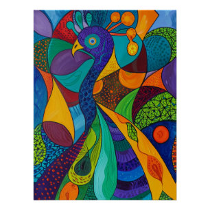 Vibrant Abstract Peacock Mosaic Painting Poster