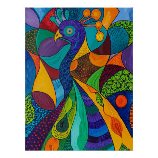 Vibrant Abstract Peacock Mosaic Painting Poster