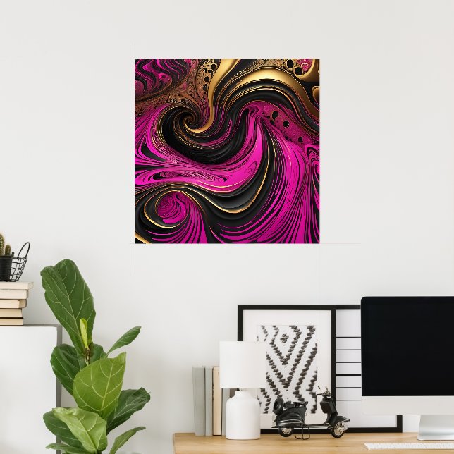 Vibrant Abstract Pink Black Gold Swirl Canvas Poster (Home Office)