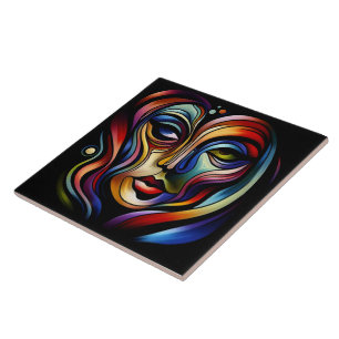 Vibrant Abstract Portrait With Colorful Stripes Ceramic Tile