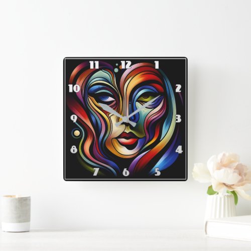 Vibrant Abstract Portrait With Colorful Stripes Square Wall Clock