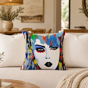 Vibrant Abstract Punk Woman Face Decorative Throw Pillow