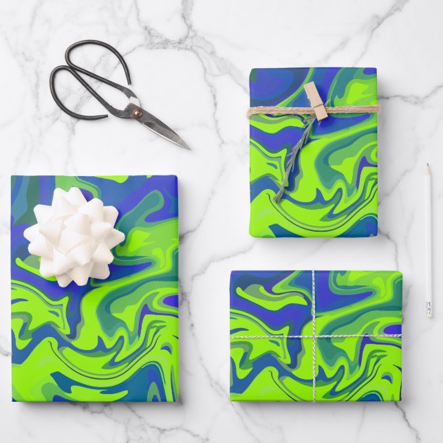 Vibrant Abstract Swirls in Green and Blue Wrapping Paper Sheets (Front)