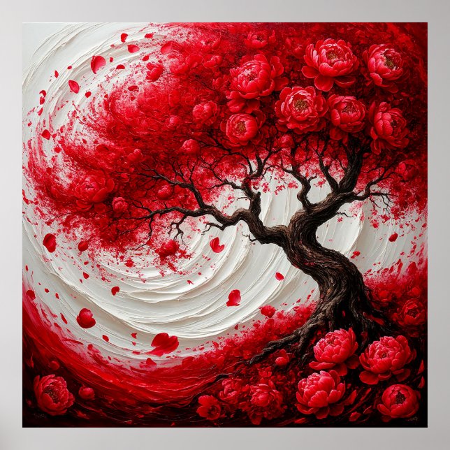Vibrant Abstract Tree With Swirling Red Flowers Poster (Front)