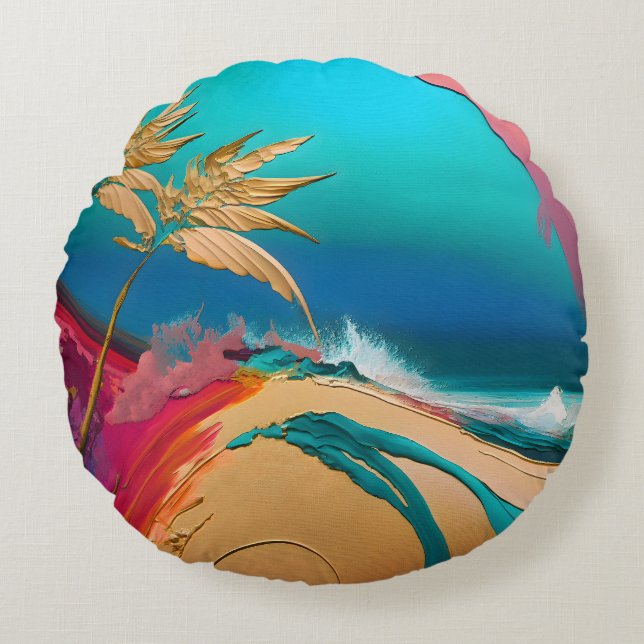 Vibrant Abstract Tropical Beach Scene Round Pillow (Front)