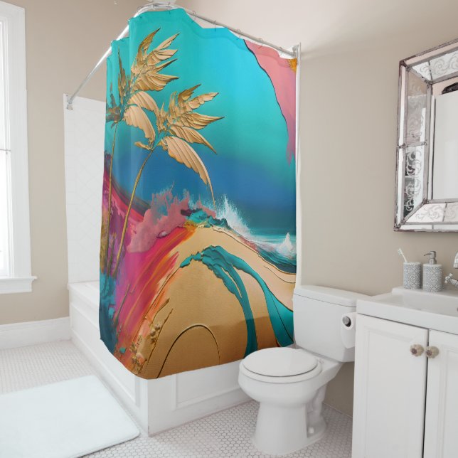Vibrant Abstract Tropical Beach Scene Shower Curtain (In Situ)