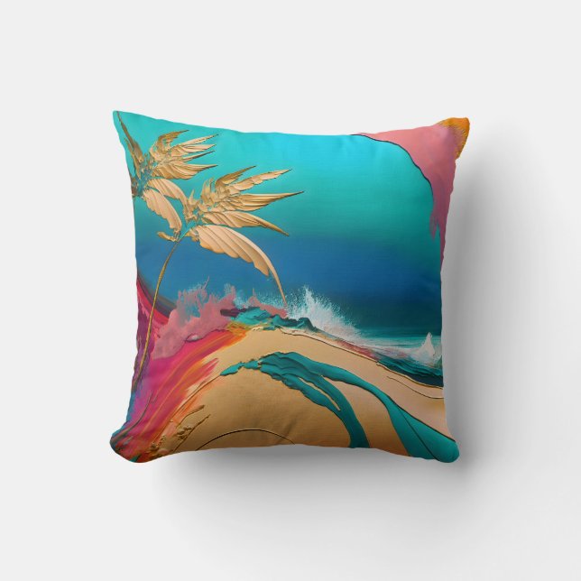 Vibrant Abstract Tropical Beach Scene Throw Pillow (Front)
