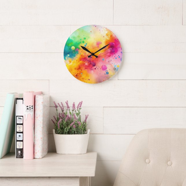 Vibrant Abstract Watercolor Splatter Pattern Large Clock (Reading Room)