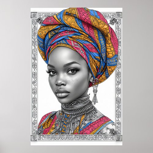 Vibrant African Head Wrap Woman Portrait Poster