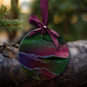 Vibrant Agate   Rich Pink and Green Jewel Tone Ceramic Ornament