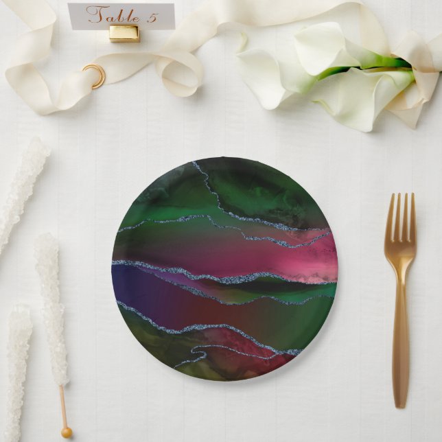 Vibrant Agate | Rich Pink and Green Jewel Tone Paper Plates (Wedding)