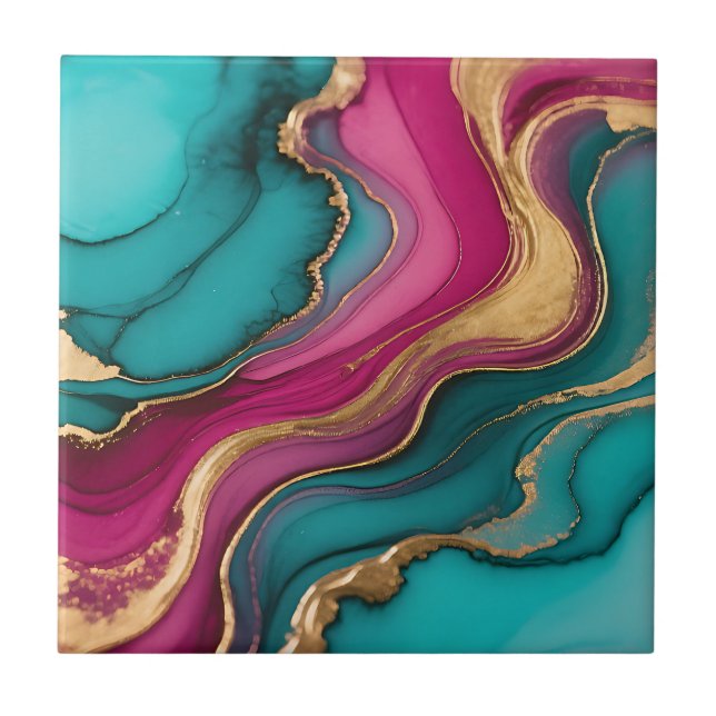 Vibrant Alcohol Ink Abstract Teal Magenta Gold Ceramic Tile (Front)