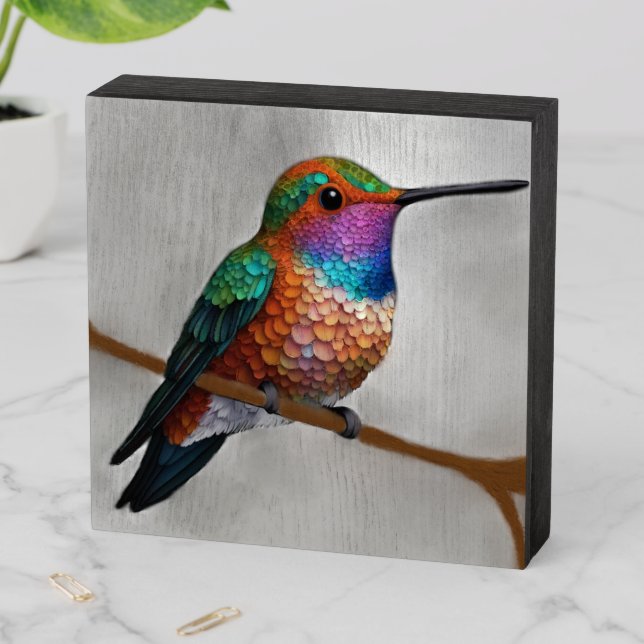 Vibrant Allen’s Hummingbird Painting Wooden Box Sign (In Situ Horizontal)