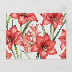 Vibrant Amaryllis Watercolor Pattern in Red Postcard