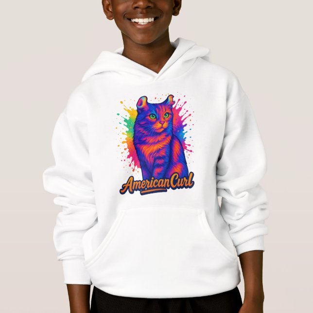 Vibrant American Curl Cat Pop Art Illustration Hoodie (Front)