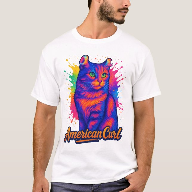 Vibrant American Curl Cat Pop Art Illustration T-Shirt (Front)