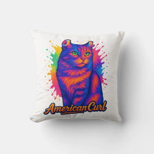Vibrant American Curl Cat Pop Art Illustration Throw Pillow