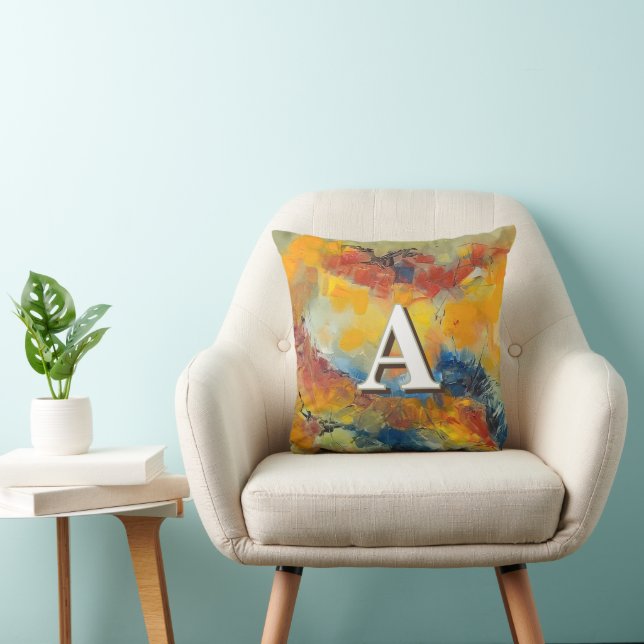 Vibrant and Colorful Abstract Art Monogram Throw Pillow (Chair)