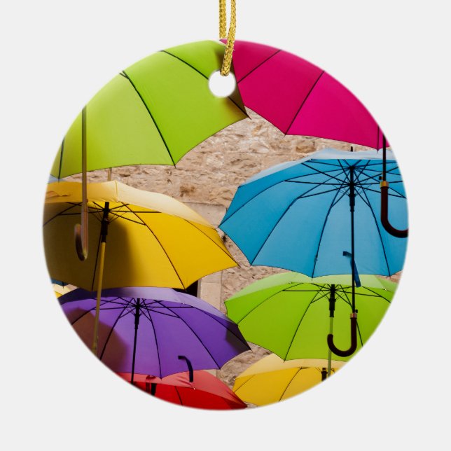 Vibrant and Colorful Umbrellas Ceramic Ornament (Front)