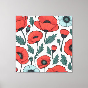 Vibrant and red Poppy Flowers Illustration Pattern Canvas Print