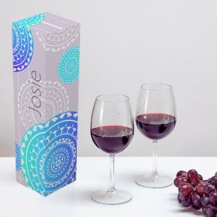 Vibrant Aqua and Blue Random Mandala on Pink Name Wine Box