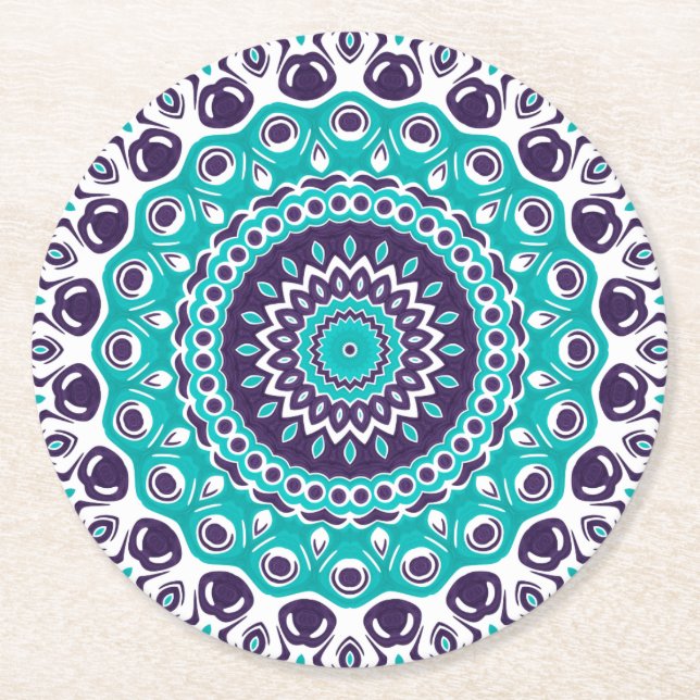 Vibrant Aqua and Plum Mandala Pattern Round Paper Coaster (Front)