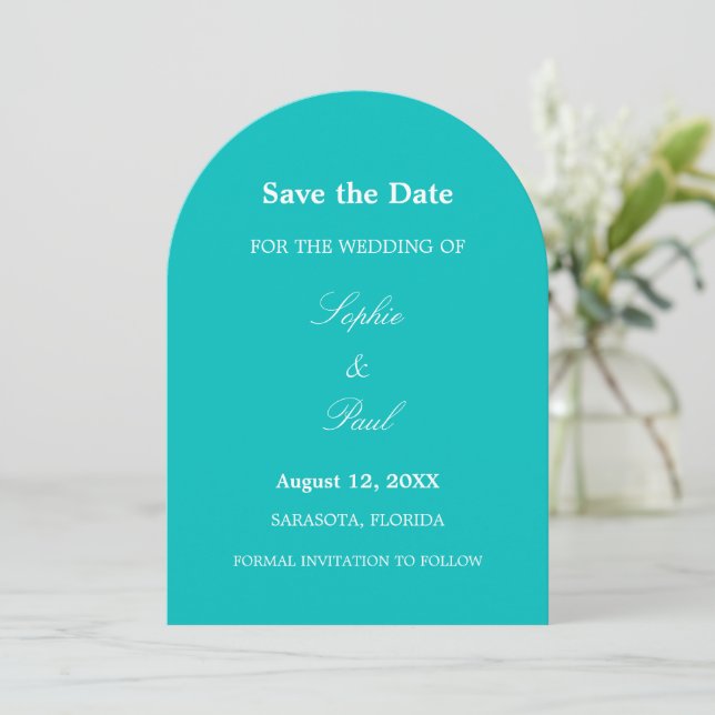 Vibrant Aqua Turquoise Arch Save the Date (Standing Front)