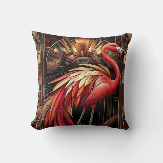 Vibrant Art Deco Flamingo Illustration Throw Pillow (Front)